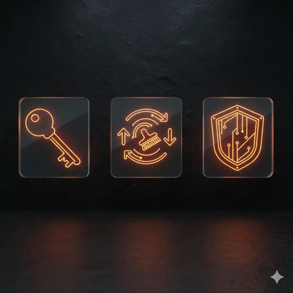 Troubleshooting Icons: Password Reset Key, Cache Clear, VPN Shield